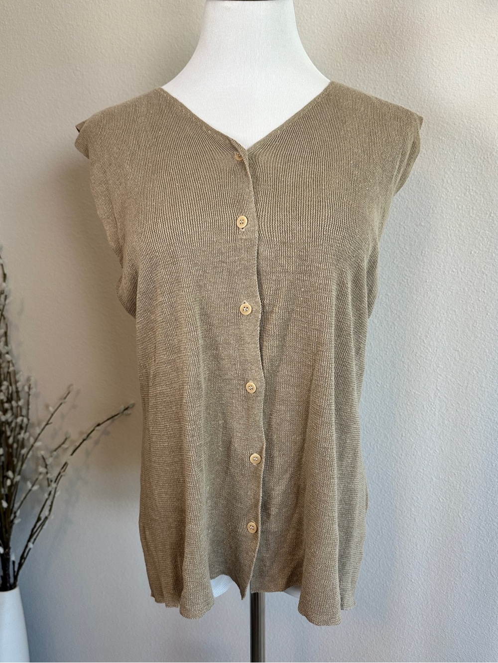 Eileen Fisher Linen Taupe Button-Front Sleeveless Knit Top
